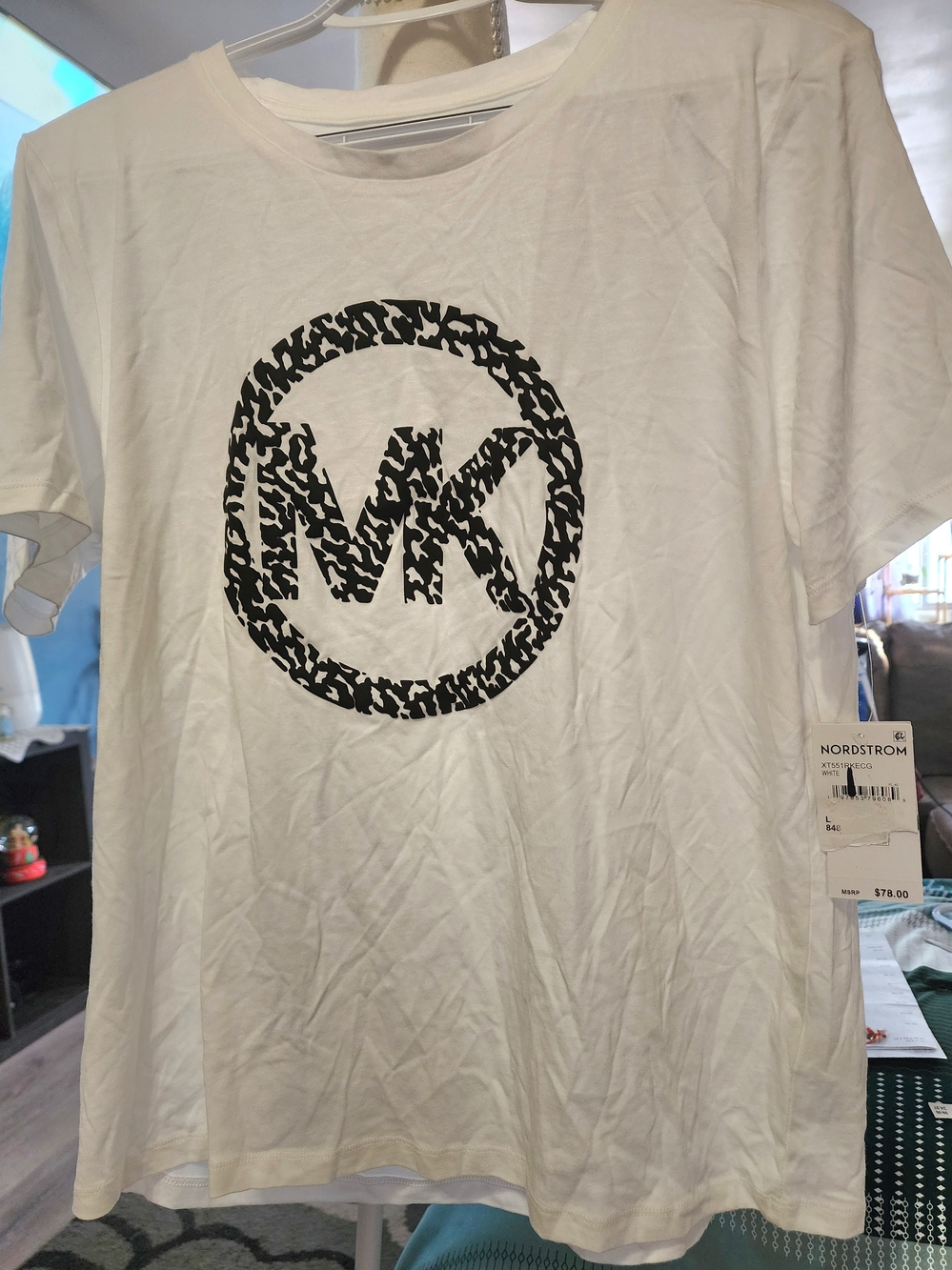 Michael Kors White Tee with Black MK Logo Sz Lrg NWT